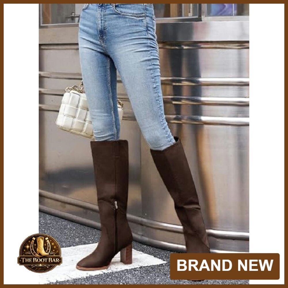 Knee High Boots Square Toe Chunky Heel Side Zipper Faux Suede - Picture 4 of 8